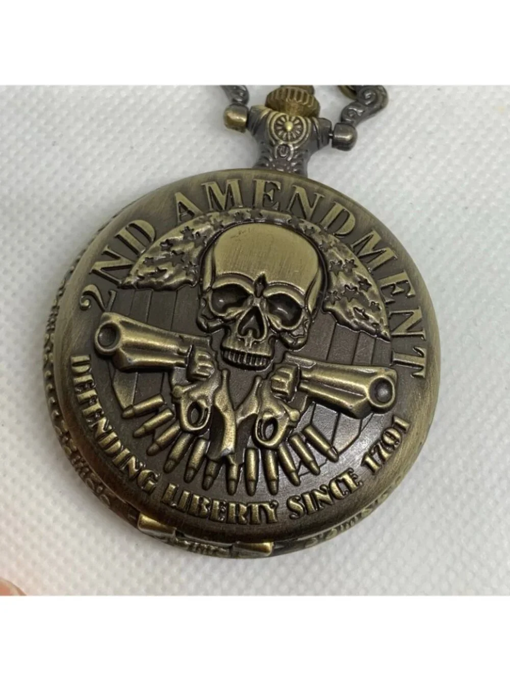 2nd Amendment Skull & Revolvers Pocket Watch bronze tone 45mm Quartz running
